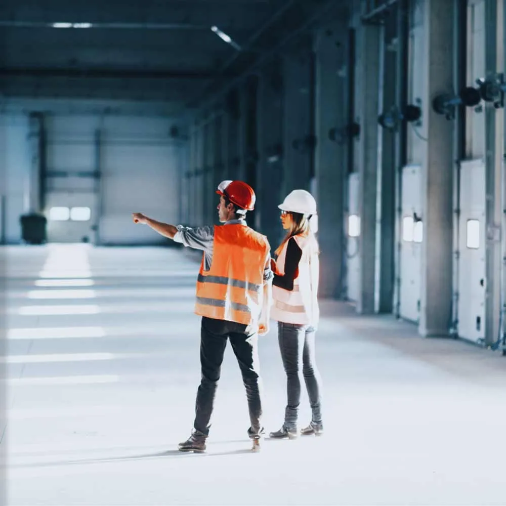 Contractors inspecting a building